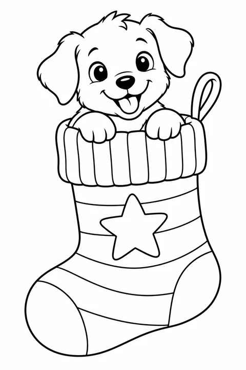 A cheerful puppy peeks out of a striped Christmas stocking decorated with a big star.