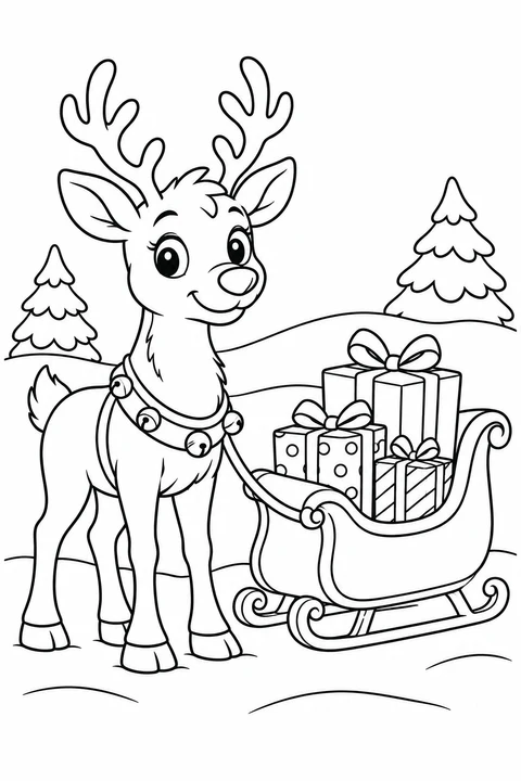 A friendly reindeer stands beside a sleigh carrying three presents, with snowy trees in the background.