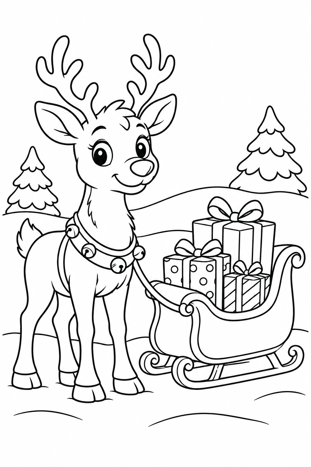 A friendly reindeer stands beside a sleigh carrying three presents, with snowy trees in the background.