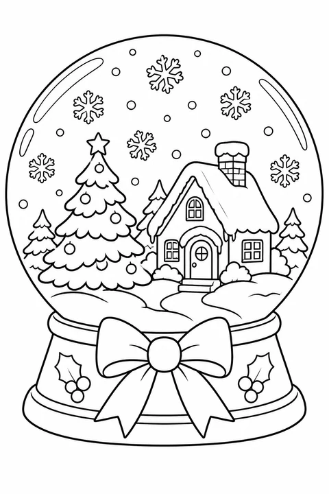 A decorated Christmas tree and a cozy cottage inside a snow globe, with snowflakes and a large bow.