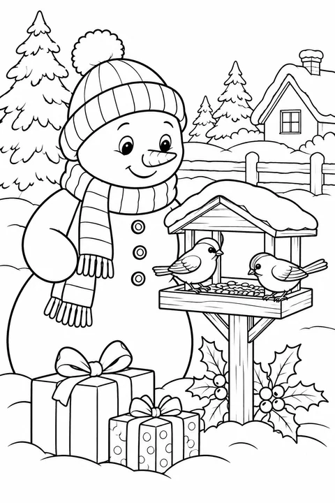A smiling snowman watches two birds at a seed feeder, with gifts and holly in the snow.