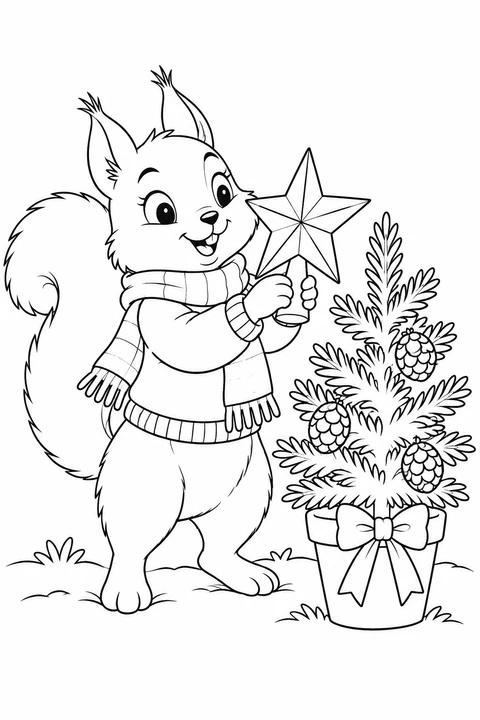 A scarf-wearing squirrel holds a star topper beside a potted fir with pine cones.