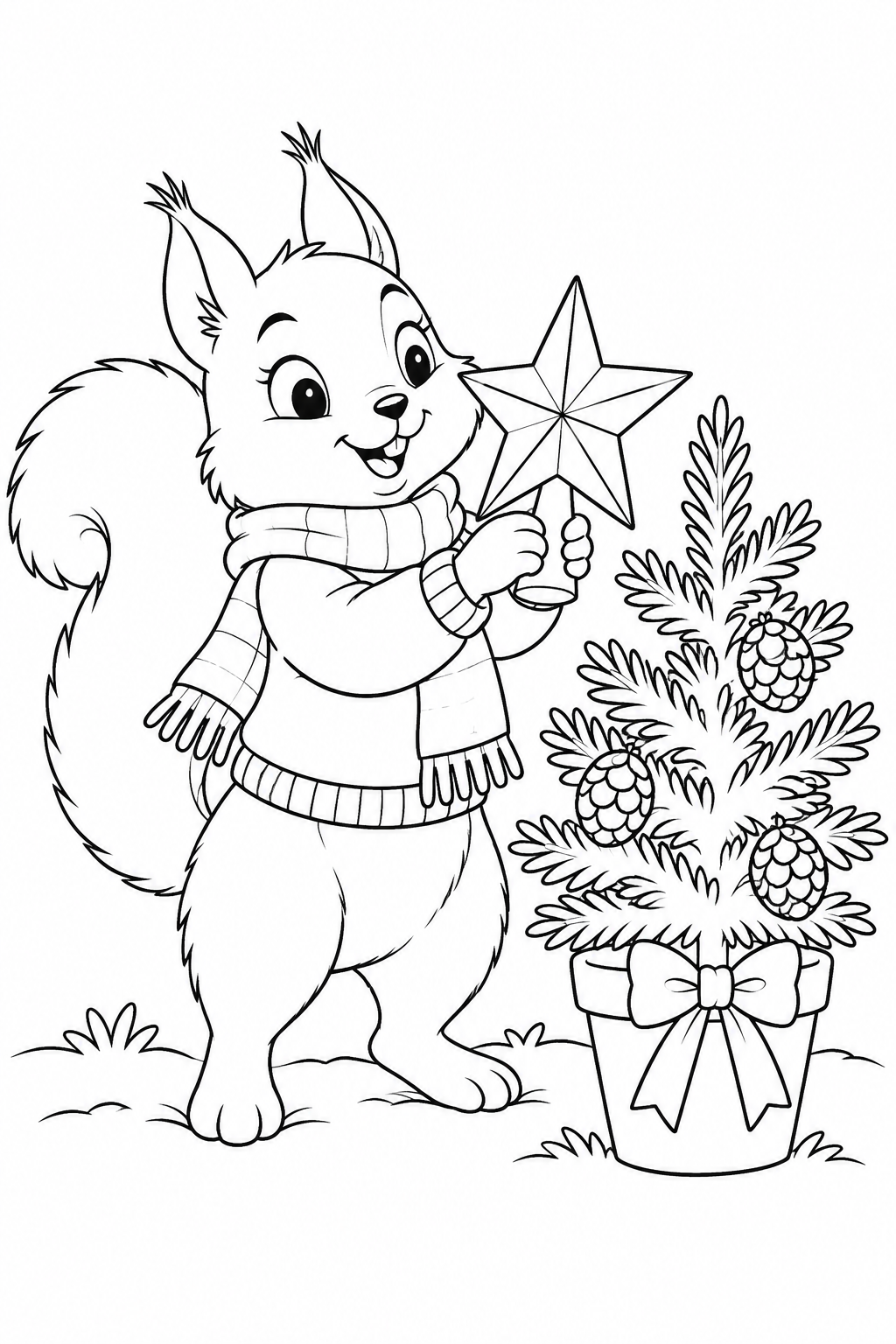 A scarf-wearing squirrel holds a star topper beside a potted fir with pine cones.