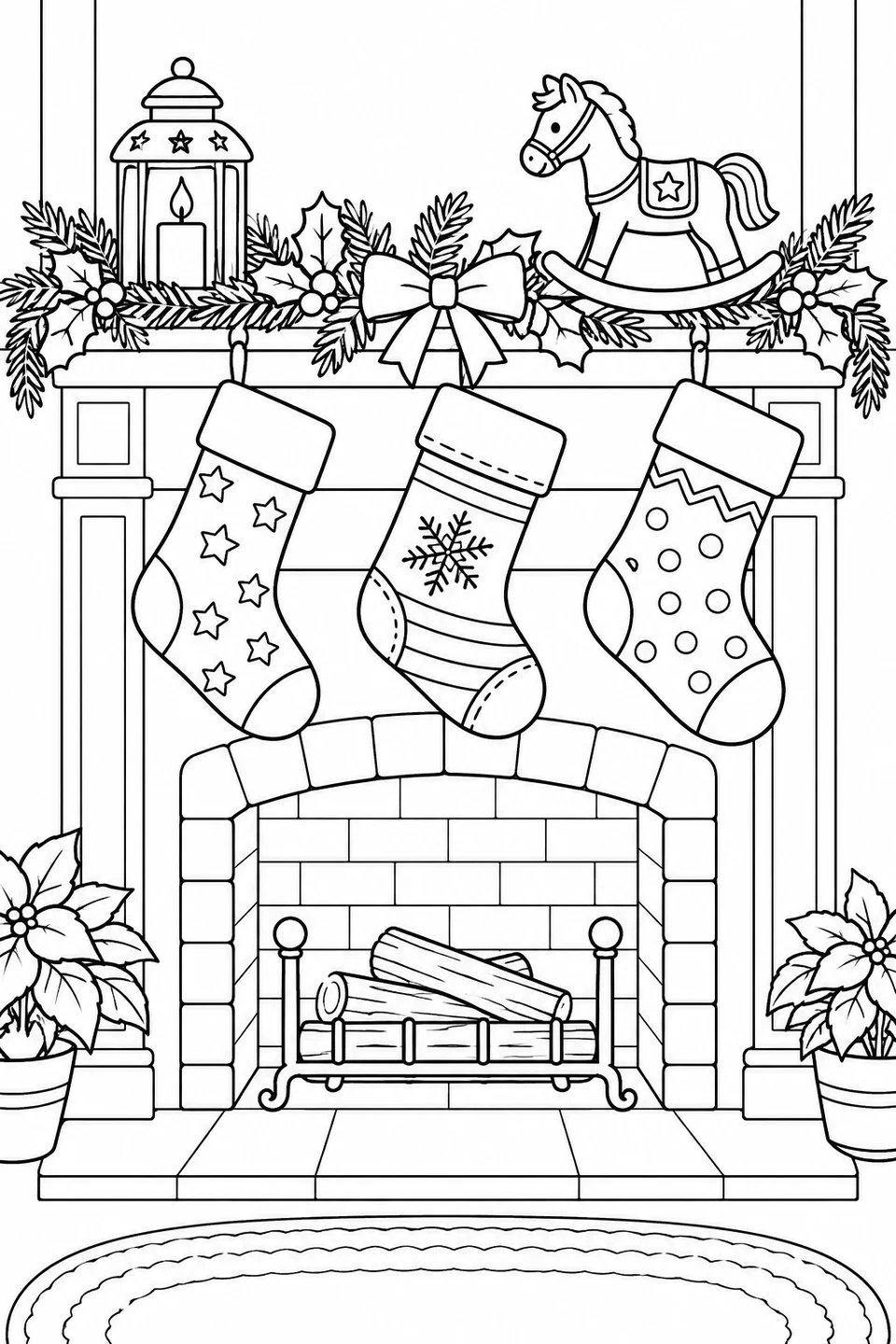 Three patterned Christmas stockings hang above an unlit fireplace decorated with greenery, a lantern and a toy rocking horse.