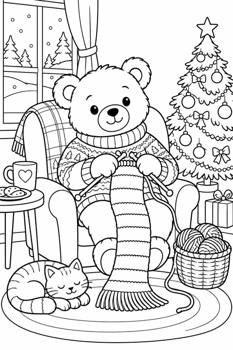 A teddy bear knits a striped scarf in an armchair beside a Christmas tree, a basket of yarn and a sleeping cat.