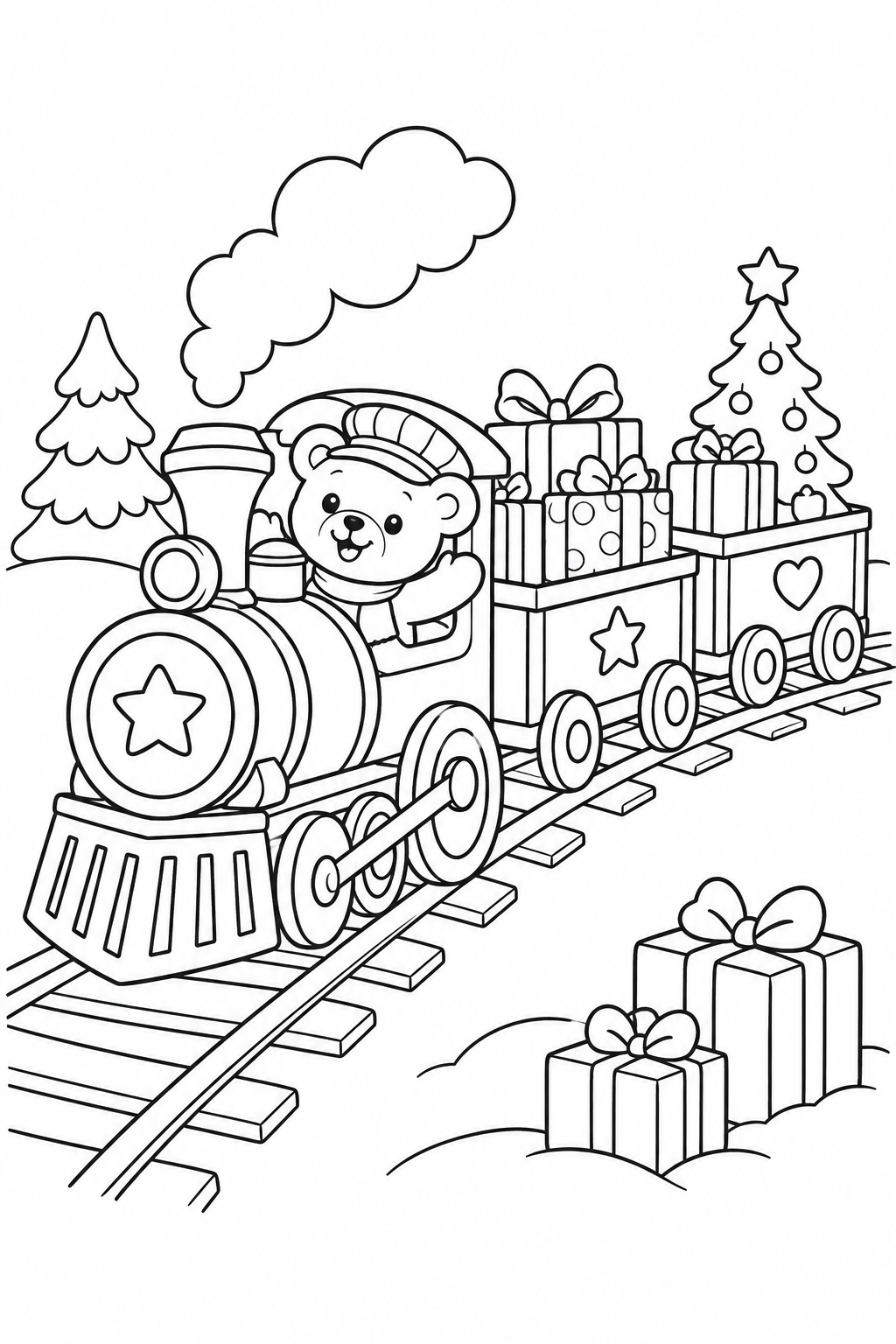 Un orsetto sorridente guida un trenino carico di regali tra alberi innevati.