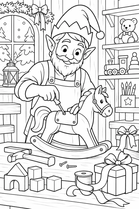 An elf in an apron builds a wooden rocking horse at a workbench surrounded by toys and tools.