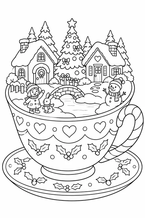 A snowy village fills a giant teacup, with cottages, a bridge, a Christmas tree, a child, a rabbit and a snowman.