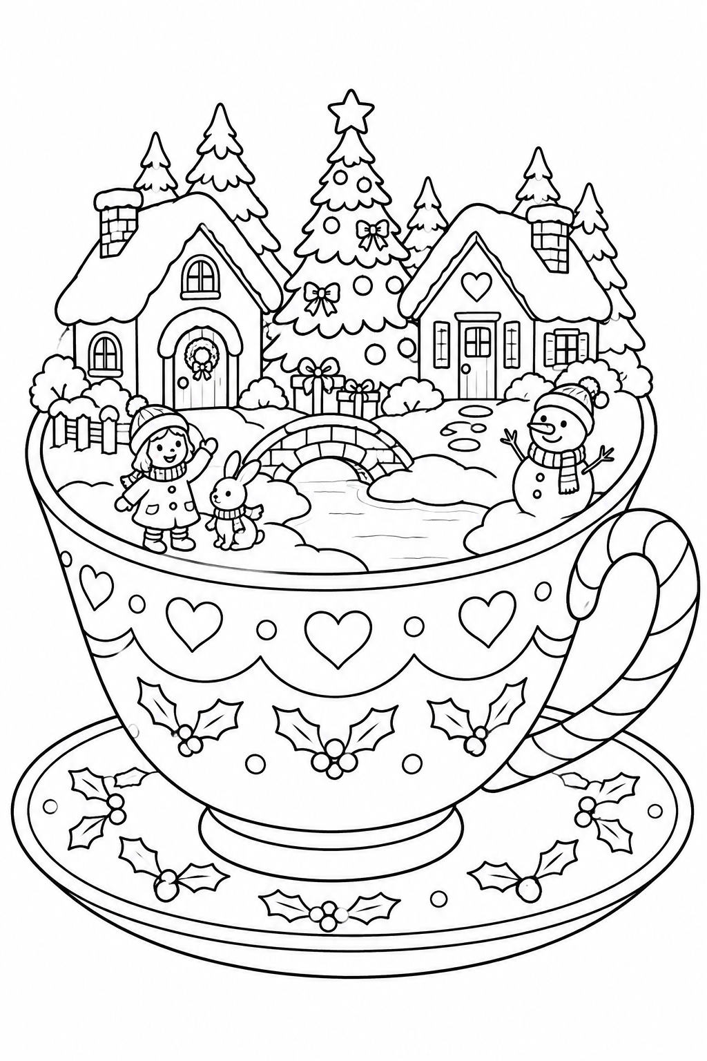 A snowy village fills a giant teacup, with cottages, a bridge, a Christmas tree, a child, a rabbit and a snowman.