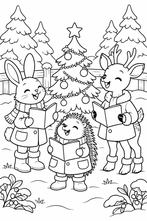 A rabbit, deer and hedgehog in winter coats sing from open books beside a decorated Christmas tree.