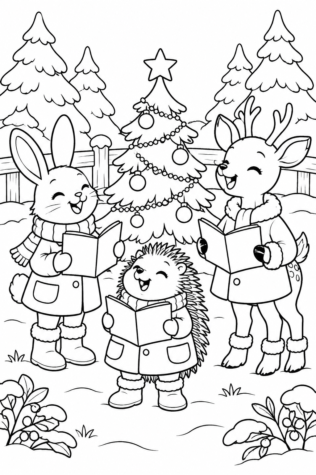 A rabbit, deer and hedgehog in winter coats sing from open books beside a decorated Christmas tree.
