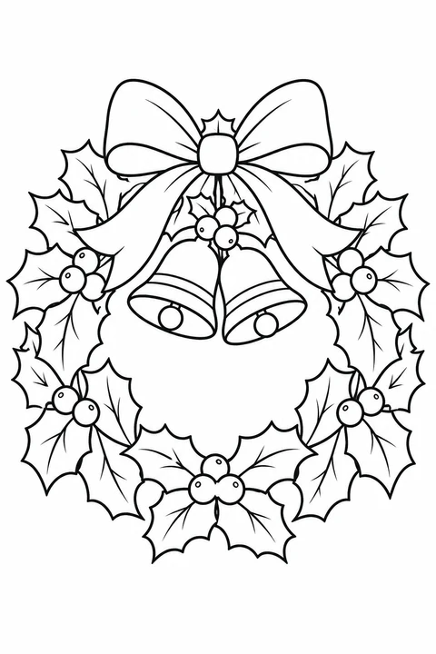 A large bow and two bells hang from a holly wreath decorated with berries.