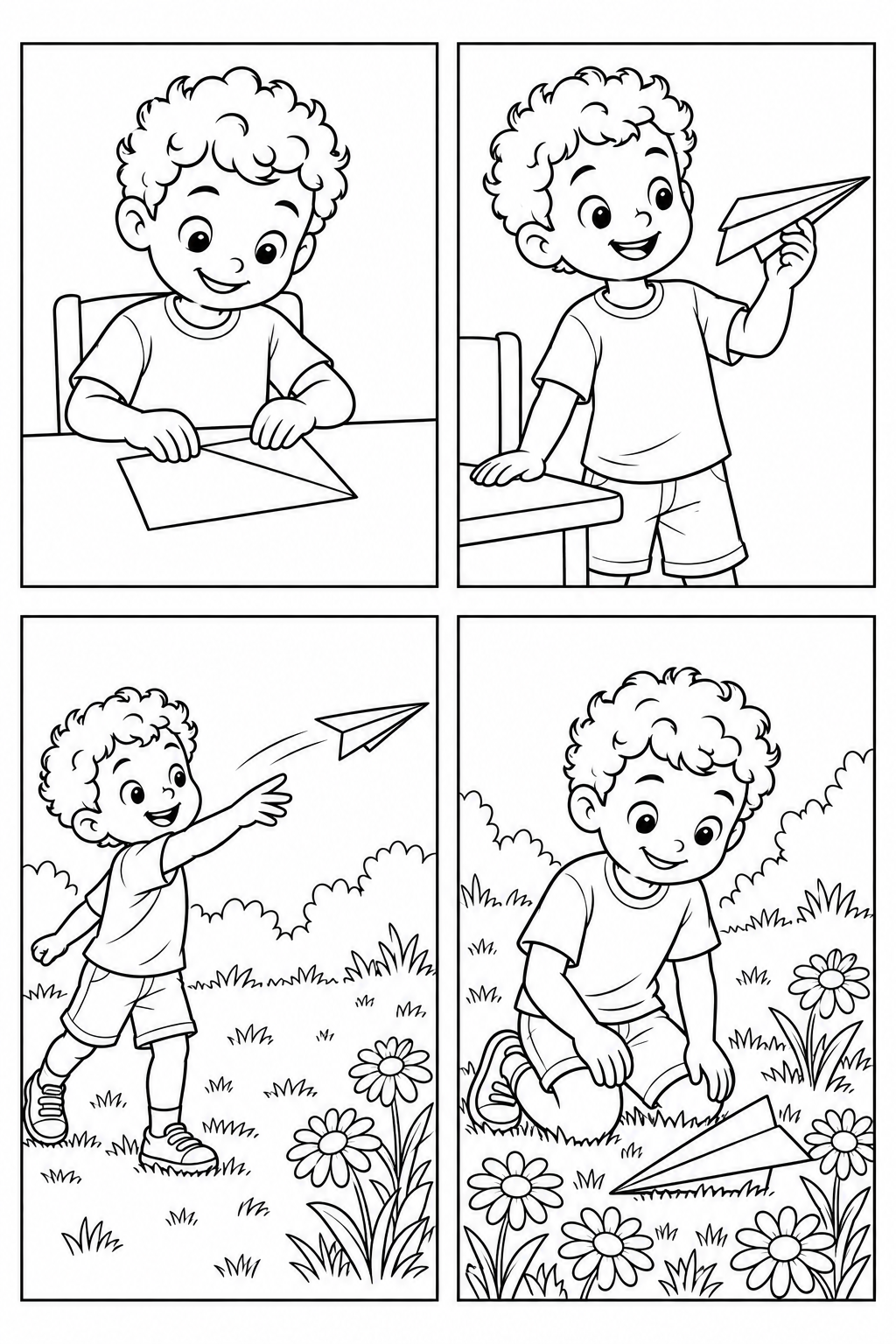 A boy folds a paper airplane, shows it, launches it and finds it among garden flowers in four panels.
