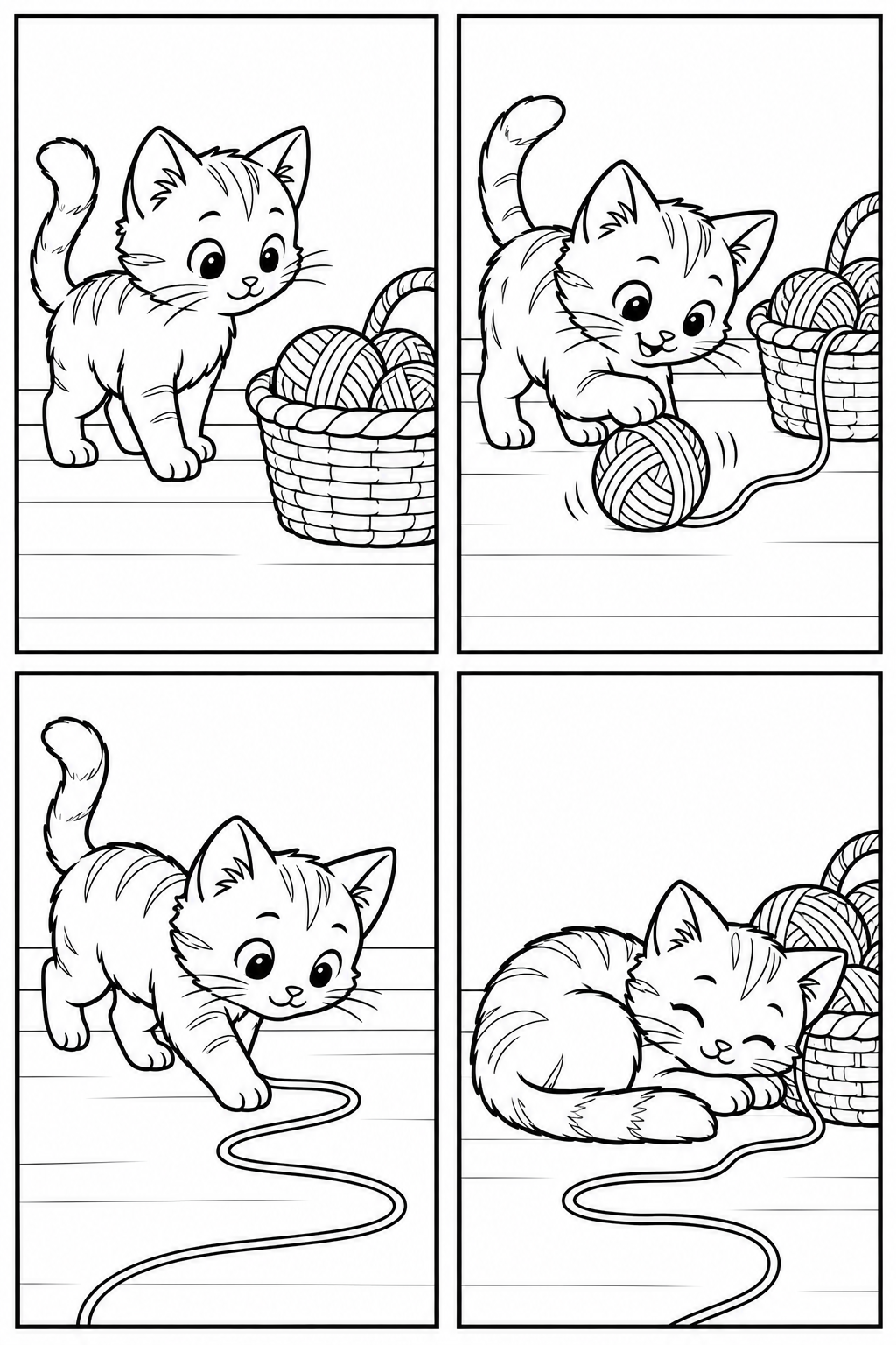A kitten finds a yarn basket, rolls a ball of yarn and curls up beside it.