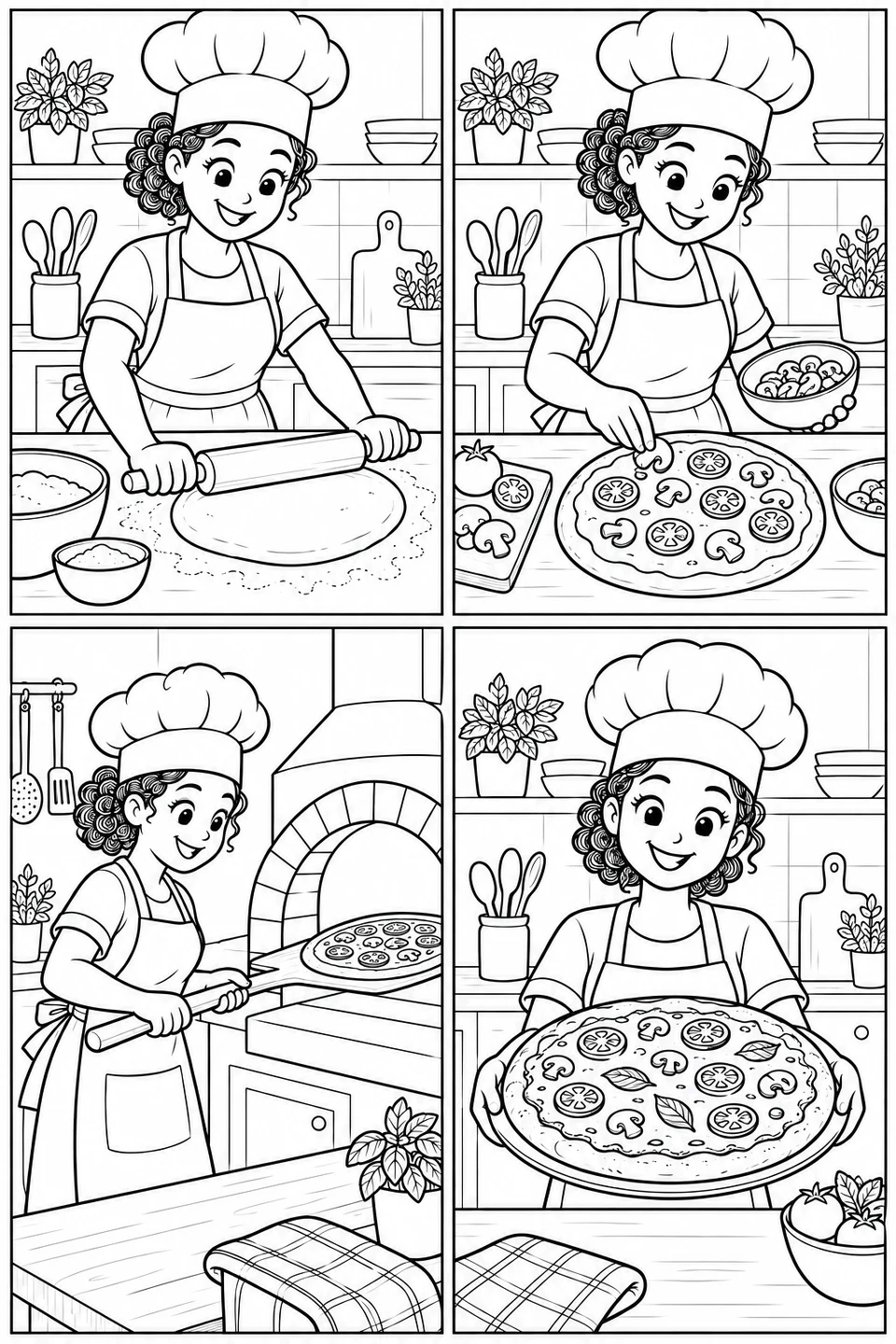 Four panels follow a chef rolling dough, adding toppings, baking and presenting a pizza.