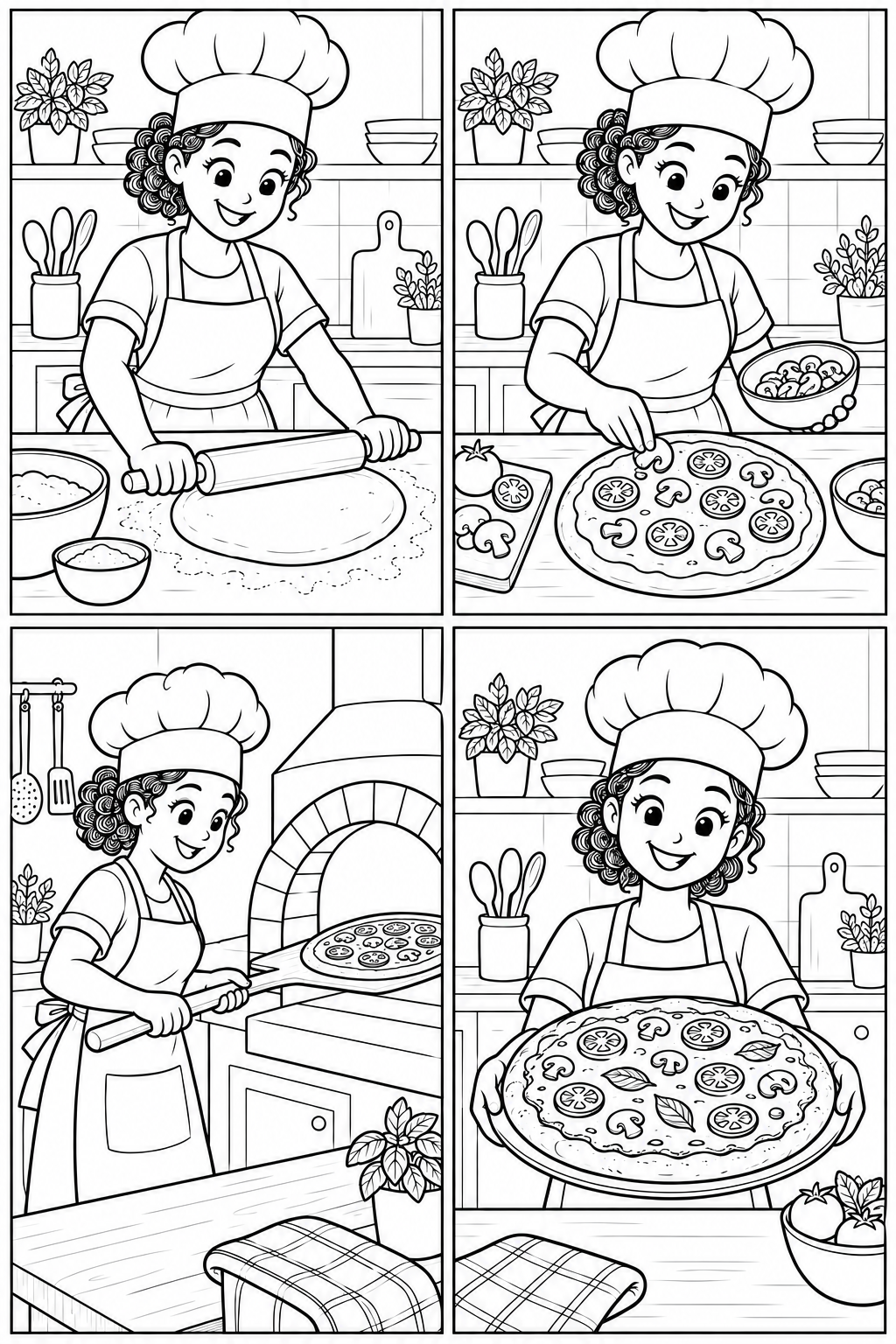 Four panels follow a chef rolling dough, adding toppings, baking and presenting a pizza.