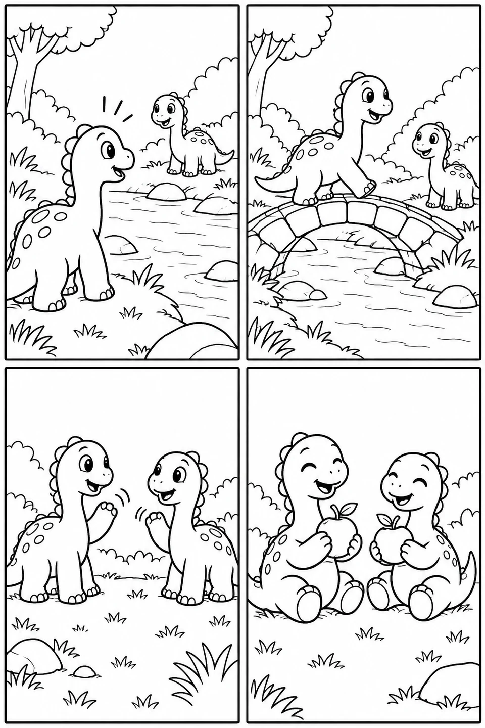 A dinosaur crosses a small bridge to meet a friend and share some fruit.