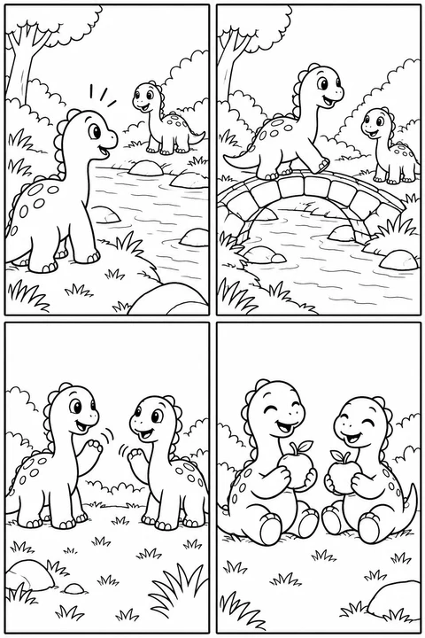 A dinosaur crosses a small bridge to meet a friend and share some fruit.