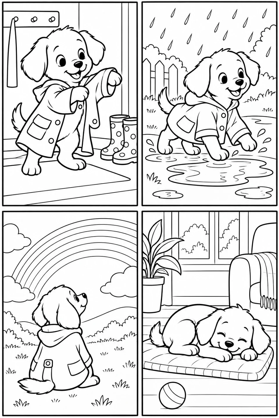 A puppy puts on a raincoat, walks in rain, sees a rainbow and naps at home.