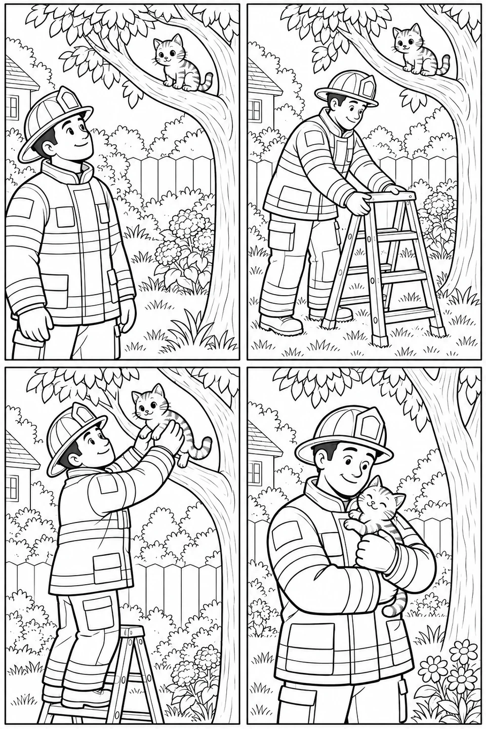 A firefighter spots a cat in a tree, sets up a ladder and gently brings it down in four panels.