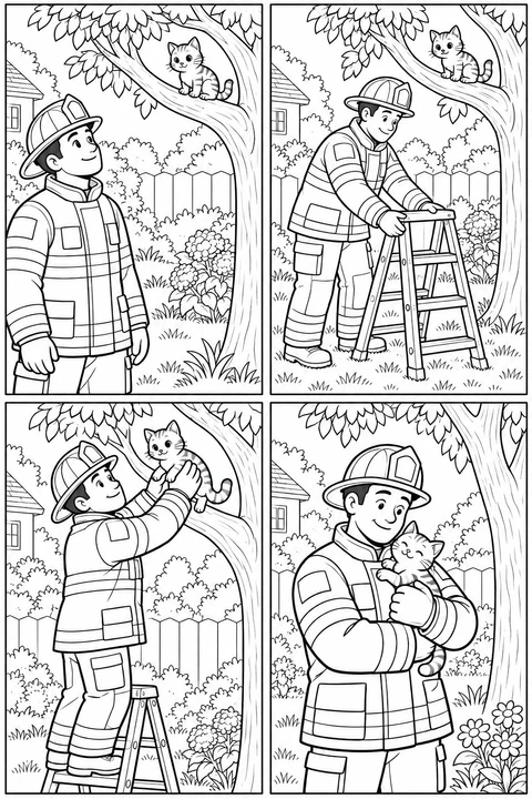 A firefighter spots a cat in a tree, sets up a ladder and gently brings it down in four panels.