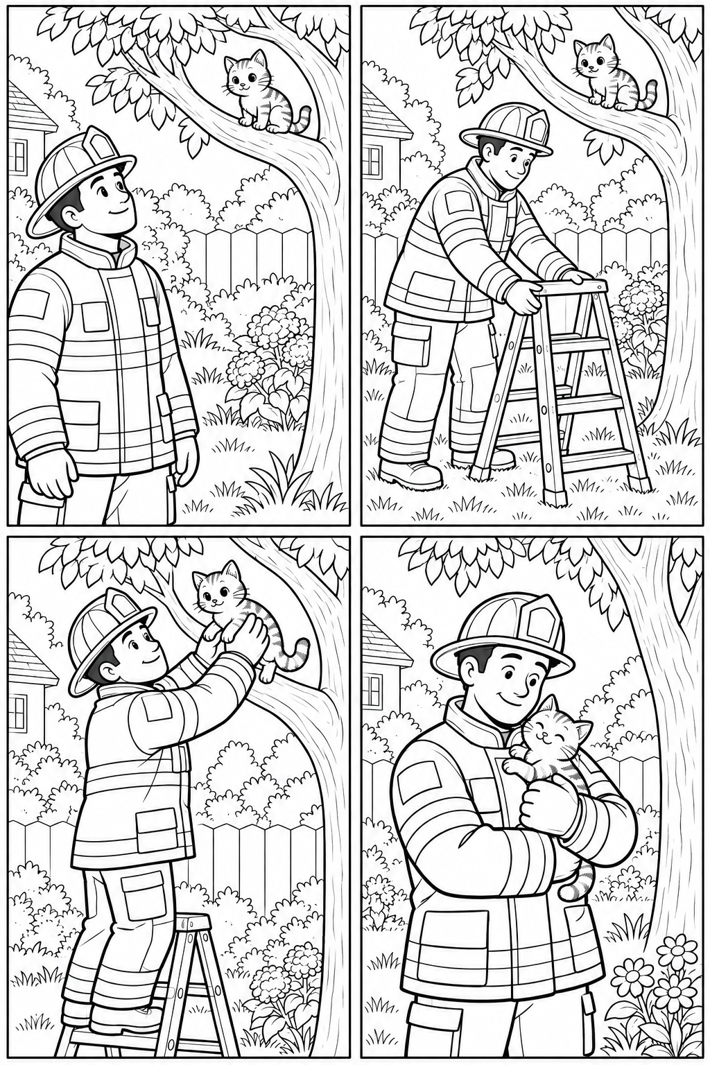 A firefighter spots a cat in a tree, sets up a ladder and gently brings it down in four panels.