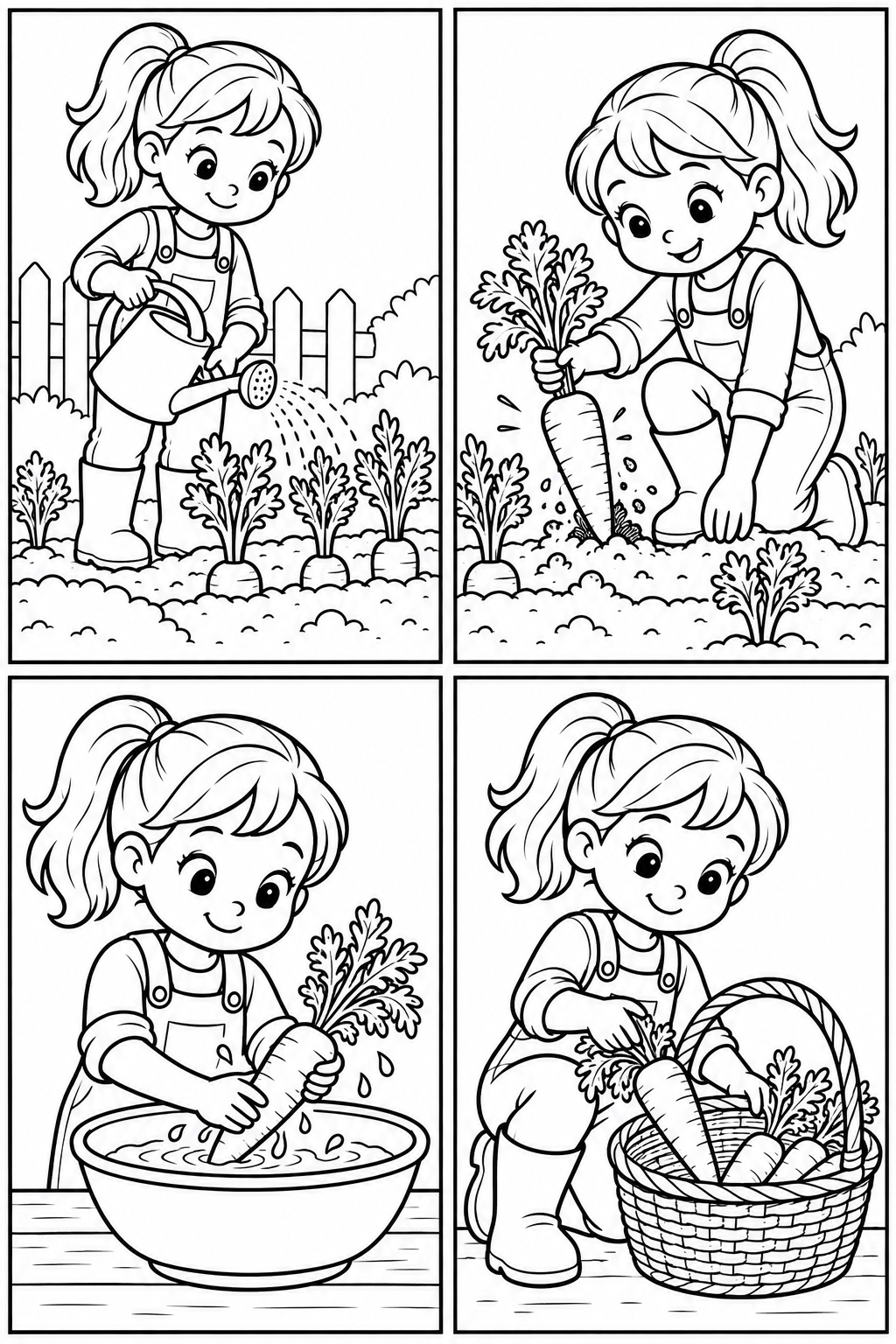 A child waters carrots, pulls one up, washes it and places it in a basket.