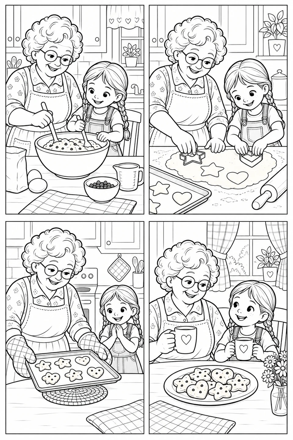 Four comic panels show Grandma and a girl mixing, shaping and sharing cookies.