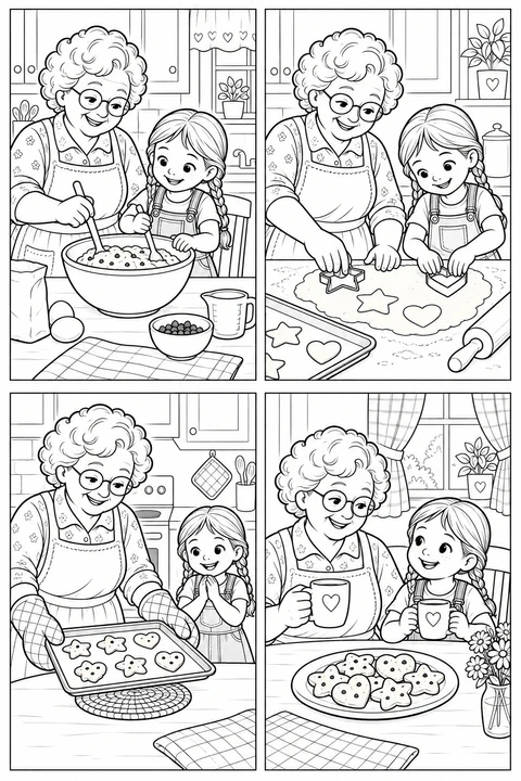 Four comic panels show Grandma and a girl mixing, shaping and sharing cookies.