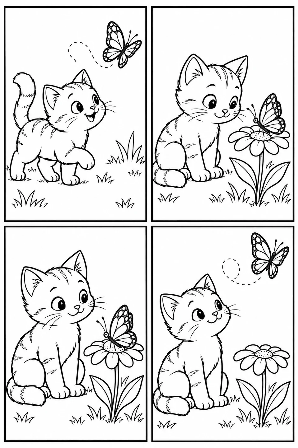 A kitten calmly watches a butterfly land on a flower and fly away.