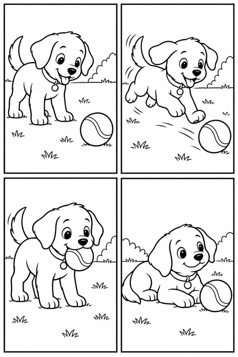 A four-panel comic shows a puppy chasing a ball and resting beside it.