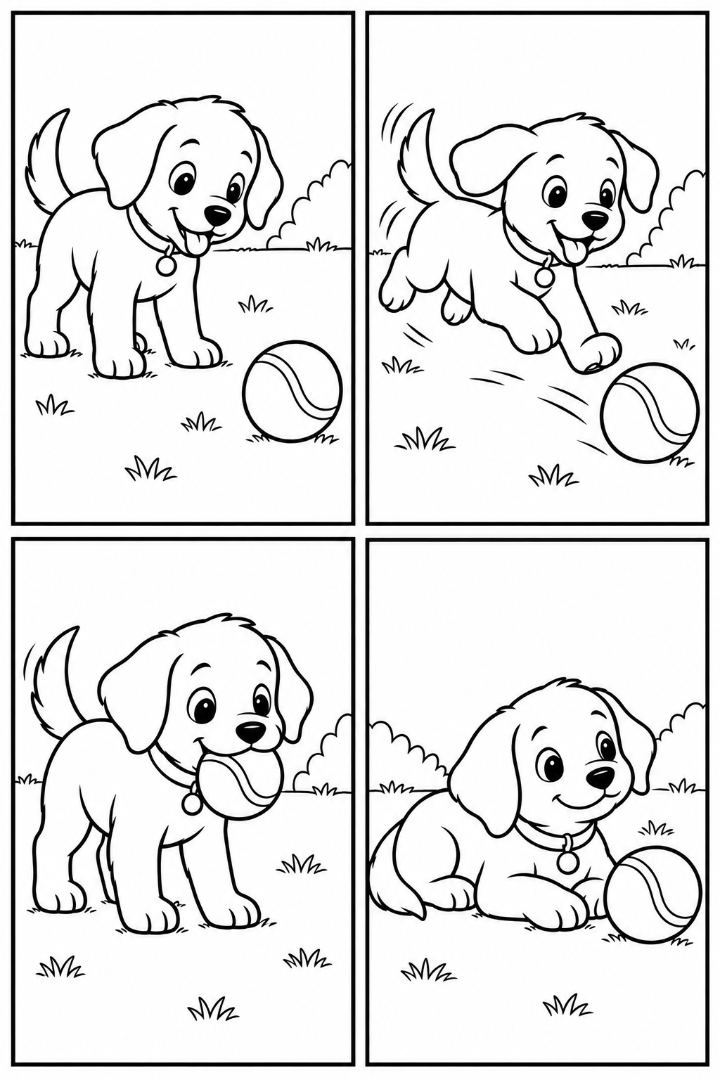 A four-panel comic shows a puppy chasing a ball and resting beside it.