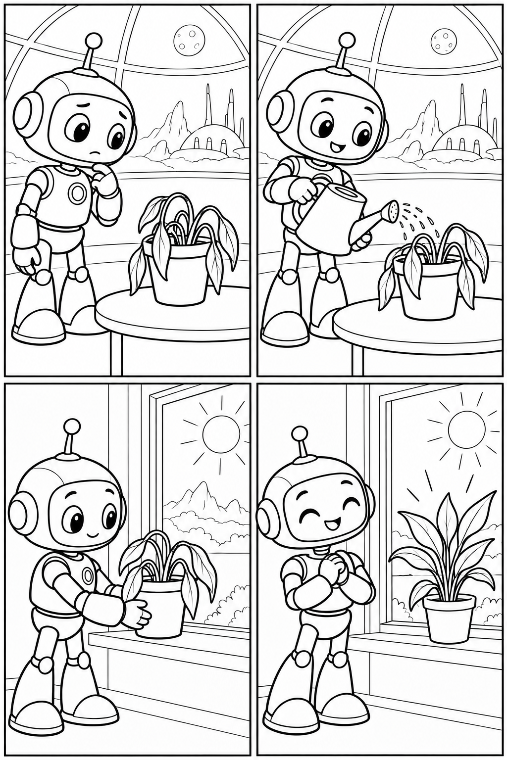 A robot waters a drooping plant and places it by a sunny window.