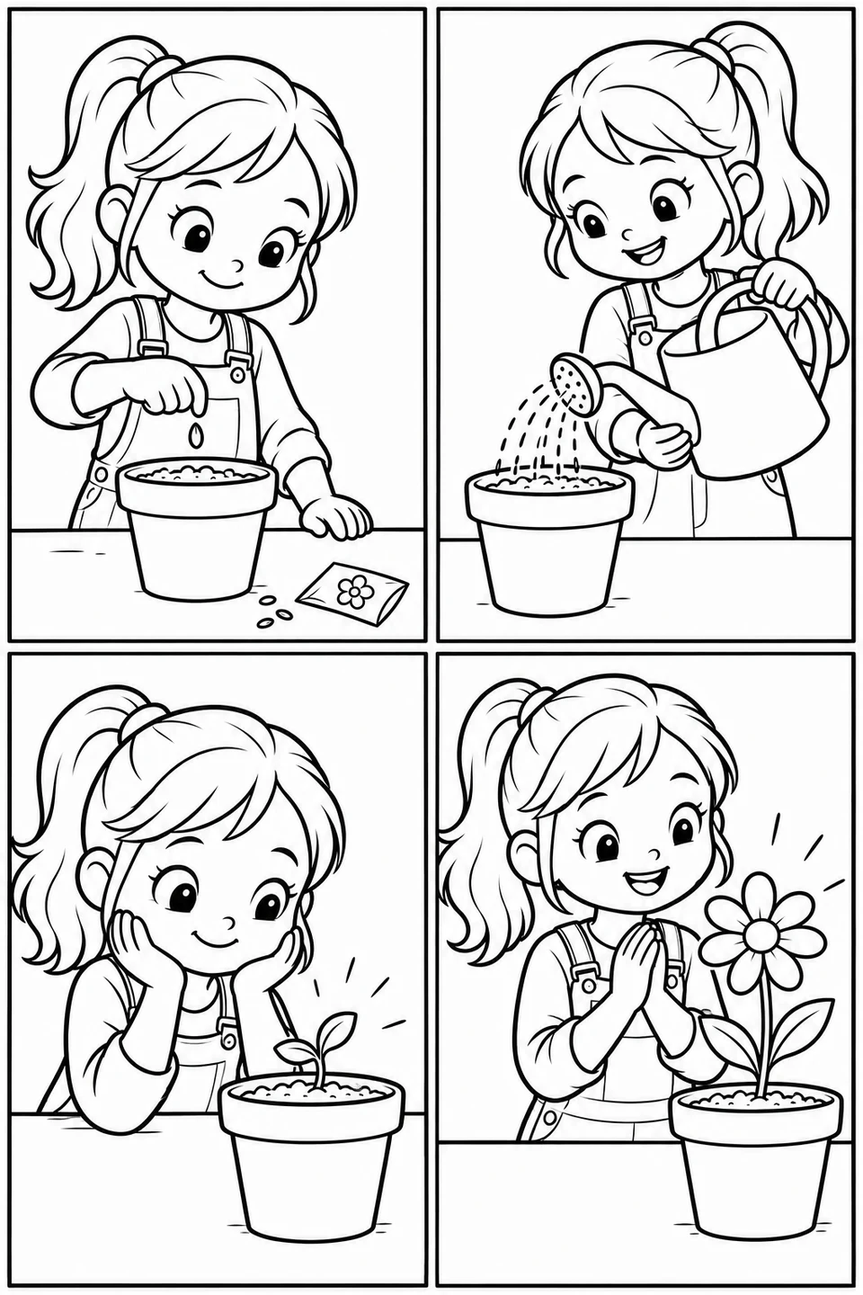 A child plants a seed, waters it and watches it grow into a flower.