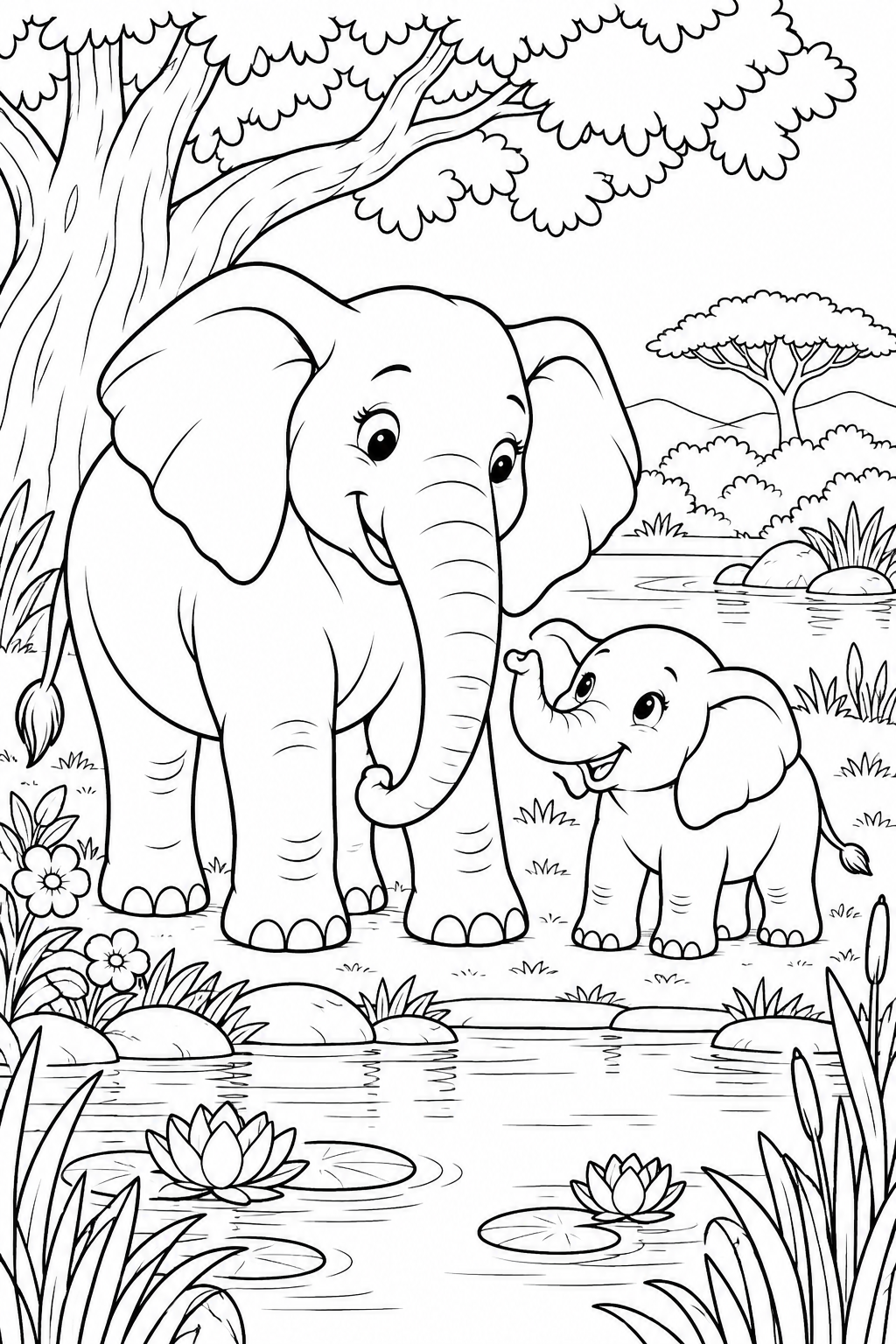 A large and a small elephant standing beside a pond with water lilies