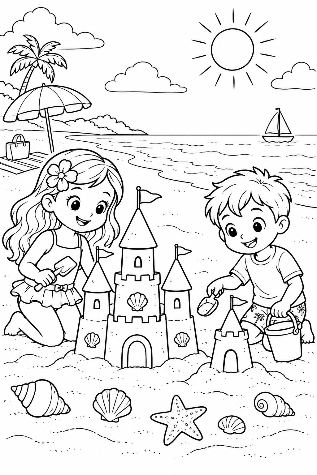A girl and a boy build two sandcastles side by side: a large castle with three towers and a small one with a single tower.