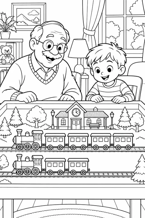 A man and a boy looking at two toy trains with four and two carriages