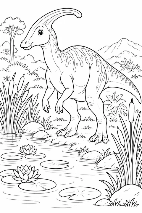 Een vriendelijke dinosaurus met een gebogen kuif bezoekt een vijver vol riet en bladeren.