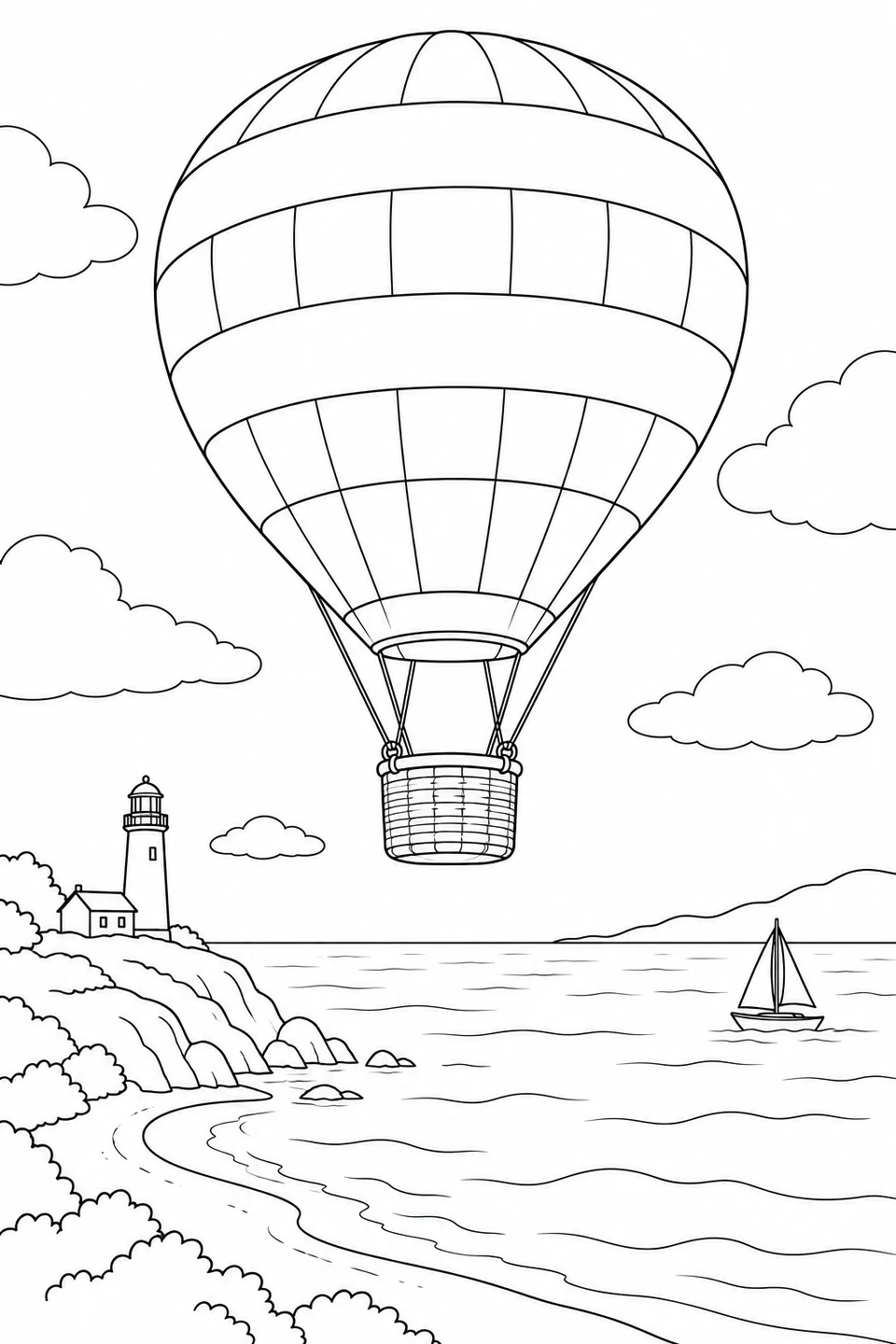 A striped balloon flies above a coastline with a lighthouse and a small sailboat.