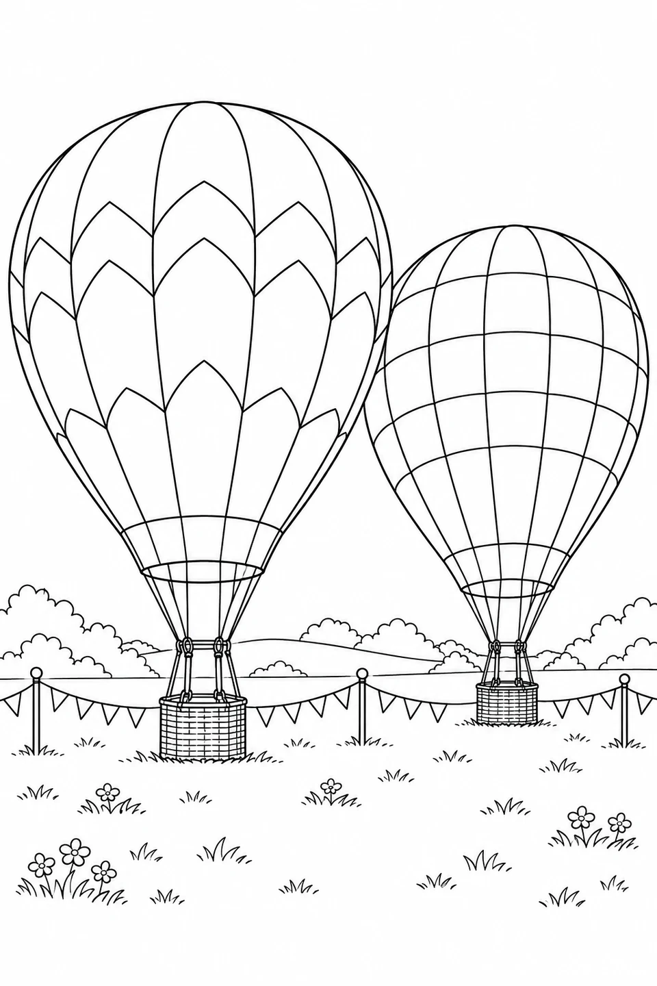 Two patterned balloons rest in a meadow beside a string of pennants.
