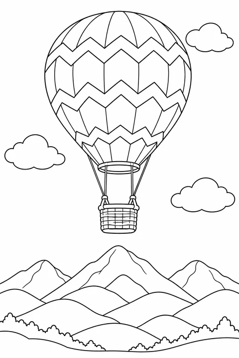 Zigzag bands decorate a balloon flying above layered mountain peaks.