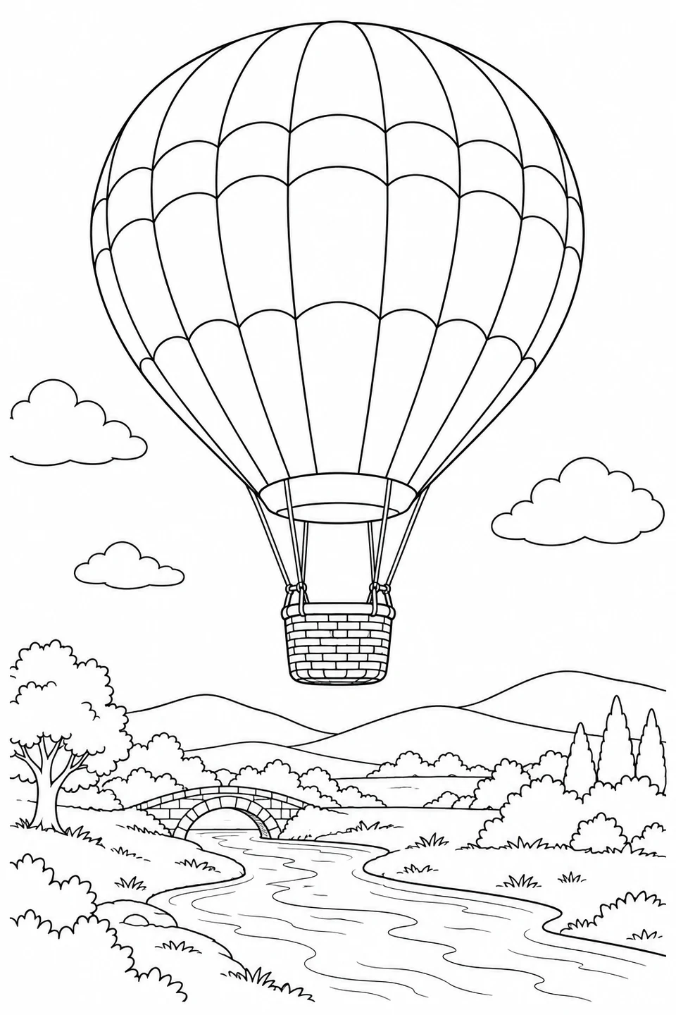 A balloon floats over a winding river, an arched bridge and distant hills.