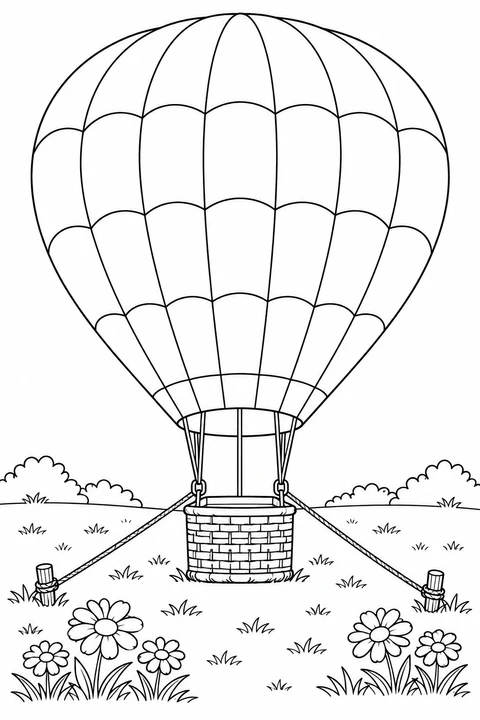 A tethered balloon rests on a flowery meadow, with two ropes secured to stakes.