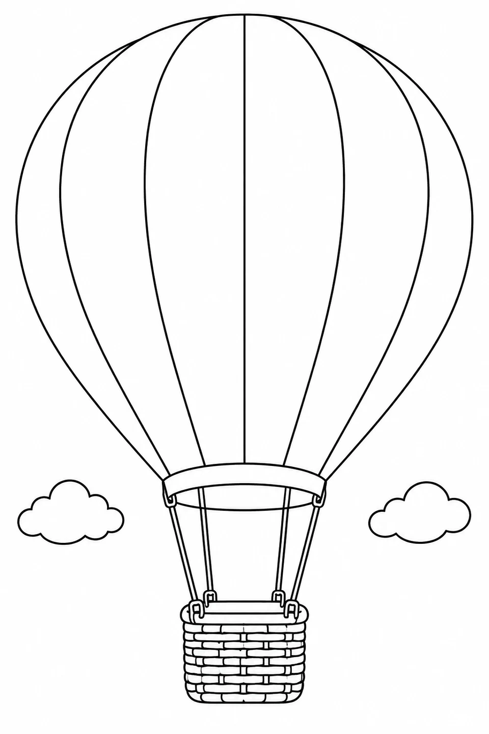 A large balloon with broad vertical panels carries a wicker basket between two clouds.