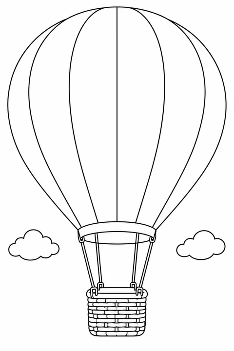 A large balloon with broad vertical panels carries a wicker basket between two clouds.