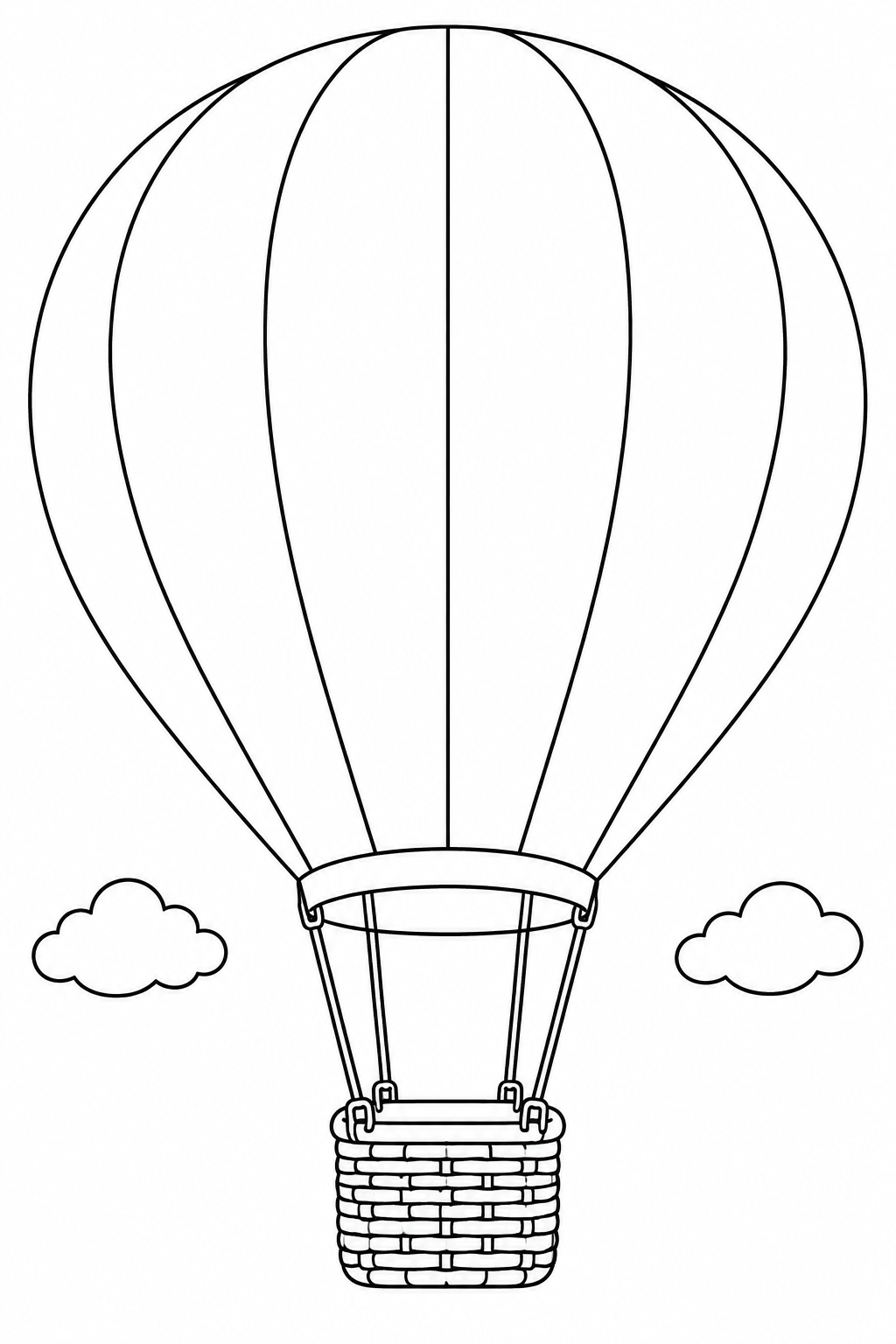 A large balloon with broad vertical panels carries a wicker basket between two clouds.