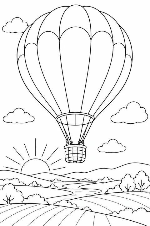 A balloon floats above valley fields with a rising sun near the horizon.