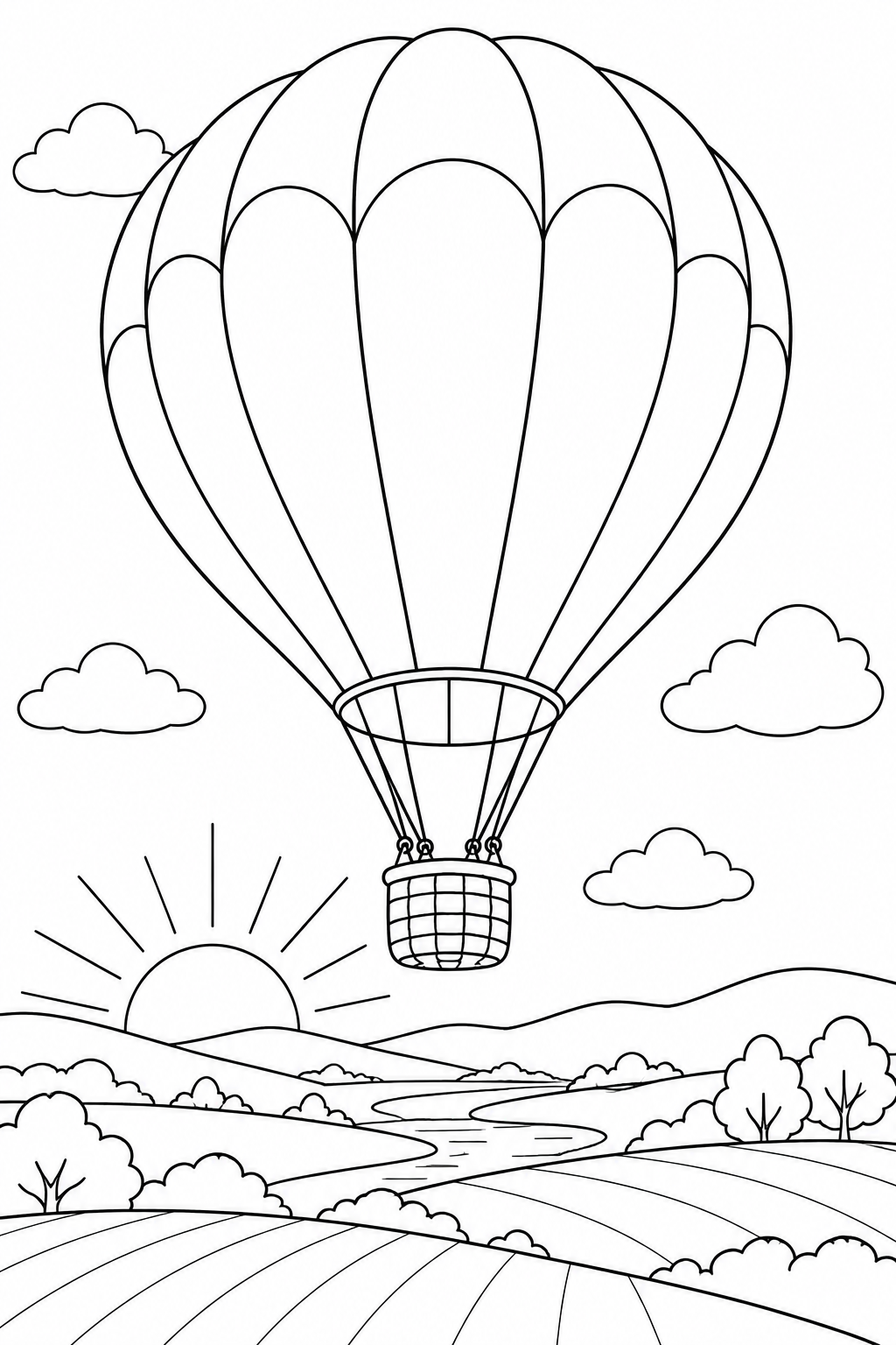 A balloon floats above valley fields with a rising sun near the horizon.