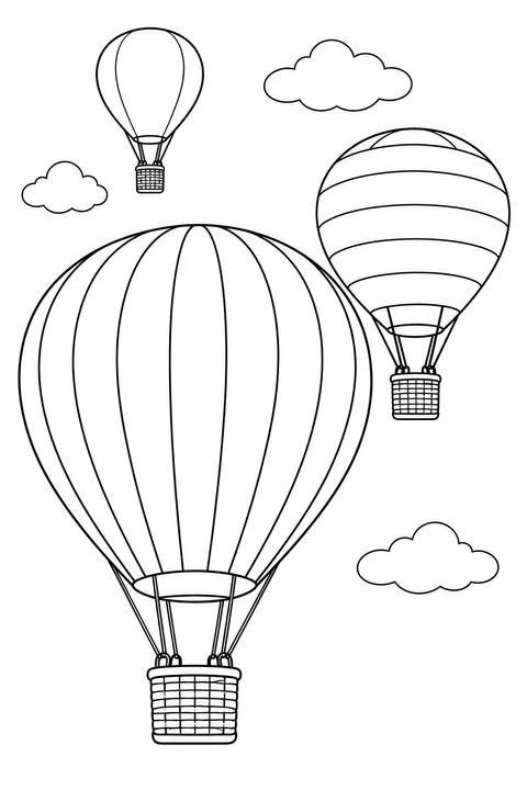 Three balloons of different sizes and patterns float among clouds.