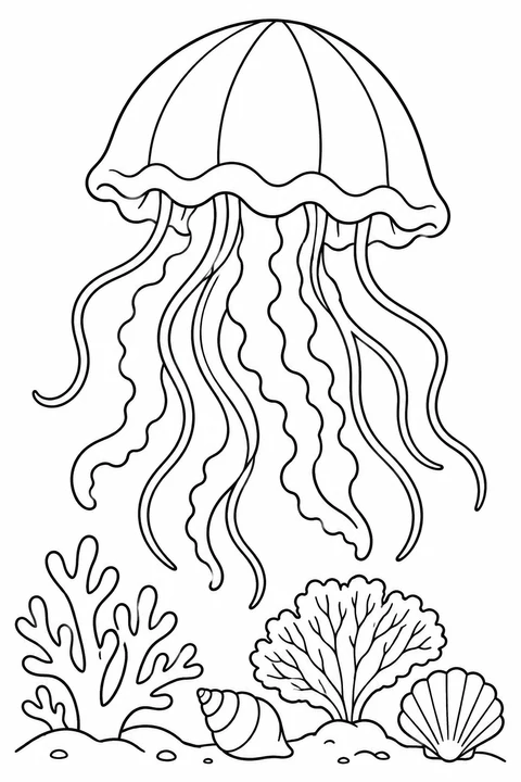 A jellyfish drifts above branching coral, a sea fan and shells.